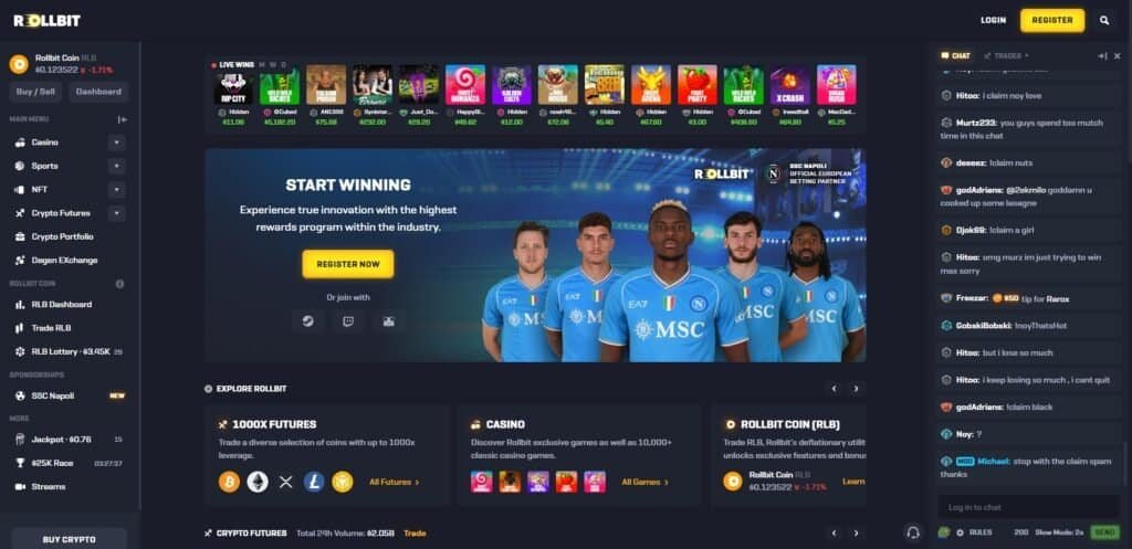 Rollbit homepage - Play various casino games and get bonuses with promo code